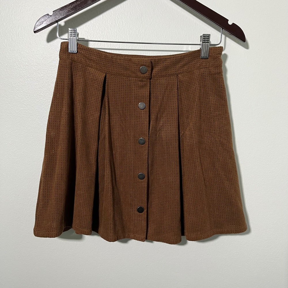Zara Basic Brown Perforated Faux Suede Button Front Mini Skirt Small Boho Cognac